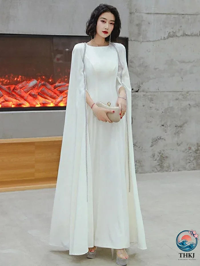 【全品2点で5%OFF】ロングドレス 演奏会 袖あり カラードレス 白 パーティードレス 花嫁 演奏会用ドレス イブニングドレス 結婚式 フォーマルドレス