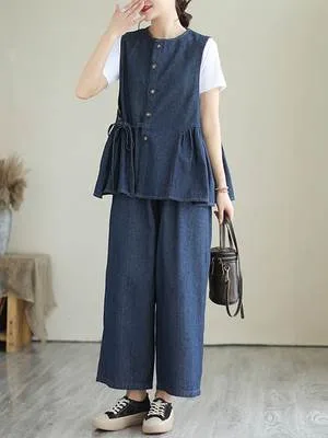 セットアップ デニム ベスト パンツ 2点セット 上下セット レディース トップス ボトムス ワイドパンツ デニムパンツ 9分丈 袖なし ノースリーブ ラウンドネック ワイド ストレート リボン ハイウエスト 伸縮性 個性的 セットアップ ブルーデニム 韓国 オルチャン