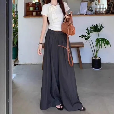 レディース トップス パンツ ボトムス セットアップ ガウチョパンツ Tシャツ 半袖 ラウンドネック スリム 細身 ストレート タック リボン ハイウエスト かわいい 大人可愛い きれいめ シンプル 上品 おしゃれ こなれ感 クール 主役級 存在感 都会的 韓国 オルチャン