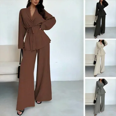 セットアップ 腰紐付き ジャケット ロングパンツ 2点セット 上下セット レディース トップス パンツ ボトムス 羽織 ロング 長袖 Vネック カシュクール 襟付き ワイド ストレート ウエストマーク ハイウエスト 前開き 腰ひも付き かわいい 大人可愛い きれいめ シンプル