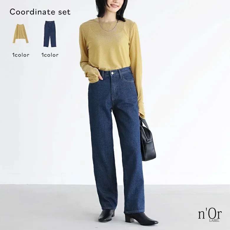 【クーポンで1000円OFF 10/10 23:59迄】2点コーデセット 2024 レディース カットソー 長袖 トップス ロンT ロングスリーブTシャツ ラメ シアー 指穴 クルーネック デニム パンツ ジーンズ ボトムス ジーパン ストレート【メール便不可】【25】