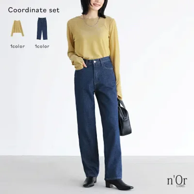 【クーポンで1000円OFF 10/10 23:59迄】2点コーデセット 2024 レディース カットソー 長袖 トップス ロンT ロングスリーブTシャツ ラメ シアー 指穴 クルーネック デニム パンツ ジーンズ ボトムス ジーパン ストレート【メール便不可】【25】