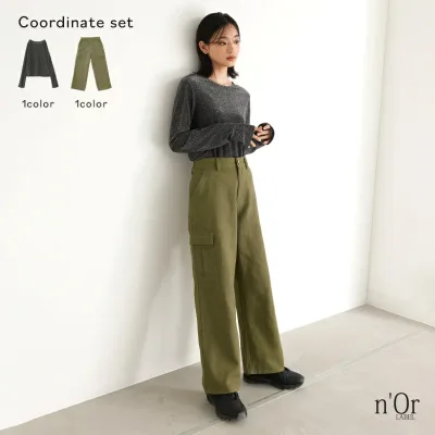 【クーポンで20%OFF 10/25 23:59迄】2点コーデセット 2024 レディース カットソー 長袖 トップス ロンT ロングスリーブTシャツ ラメ シアー 指穴 ワイドパンツ カーゴパンツ ボトムス ロングパンツ ワイド カーゴ ストレート【メール便不可】【25】