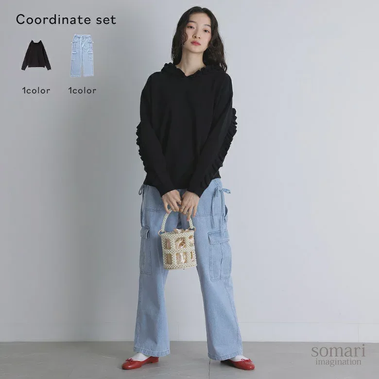 【クーポンで1000円OFF 10/20 23:59迄】2点コーデセット 2024 レディース ニット 長袖 トップス セーター フーディー フリル パーカー プルオーバー パンツ デニム ジーンズ ボトムス デニムパンツ ワイドパンツ【メール便不可】【50】