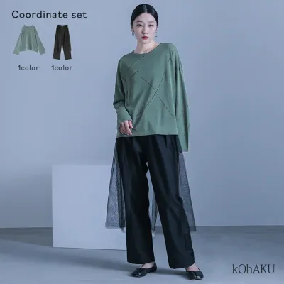 【クーポンで20%OFF 10/25 23:59迄】2点コーデセット 2025 レディース ニット トップス 長袖 セーター 薄手 透かし編みライン パンツ ボトムス ストレートパンツ ロング丈 10分丈 春 秋 冬 オシャレウォーカー【メール便不可】【40】