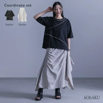 2点コーデセット 2025 レディース スカート ボトムス ロング丈 シャーリング アシンメトリー ロングスカート Aライン カットソー トップス 半袖 Tシャツ 春 夏 秋 オシャレウォーカー【メール便不可】【20】