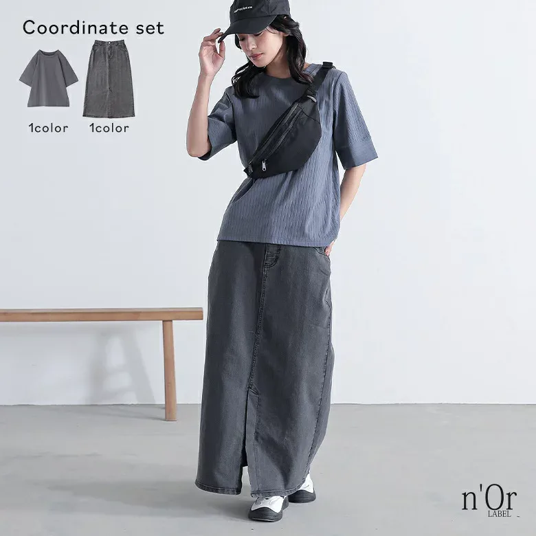 2点コーデセット 2025 レディース カットソー トップス 汗じみ防止 半袖 Tシャツ スリット クルーネック スカート ボトムス デニムスカート ナロースカート ロング丈 春 夏 秋 オシャレウォーカー【メール便不可】【20】