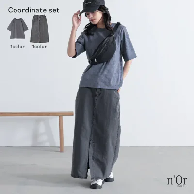 2点コーデセット 2025 レディース カットソー トップス 汗じみ防止 半袖 Tシャツ スリット クルーネック スカート ボトムス デニムスカート ナロースカート ロング丈 春 夏 秋 オシャレウォーカー【メール便不可】【20】