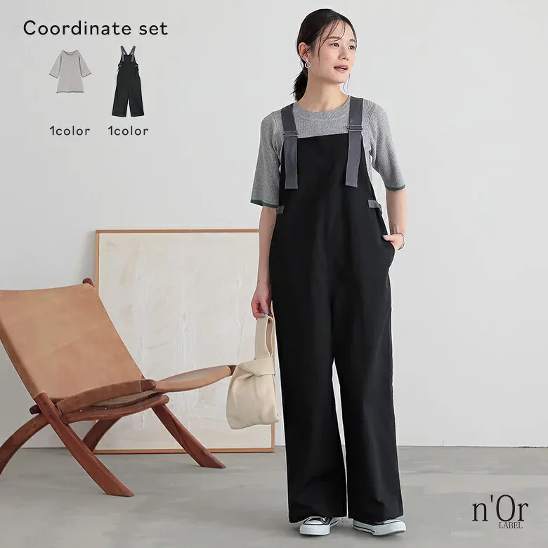 【クーポンで20%OFF 10/25 23:59迄】2点コーデセット 2025 レディース ニット トップス サマーニット 半袖 五分袖 セーター クルーネック レイヤード サロペット ロング丈 ワイド 綿100% 春 夏 秋 オシャレウォーカー【メール便不可】【30】