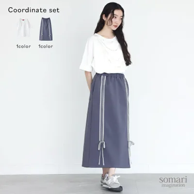 2点コーデセット 2025 レディース Tシャツ トップス カットソー プリントTシャツ リボン フェイクパール コットン100% スカート ボトムス ロングスカート 春 夏 秋 オシャレウォーカー【メール便不可】【30】