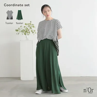 2点コーデセット 2025 レディース パンツ ボトムス 接触冷感 冷感 ロング丈 ワイド シアー ドッキング カットソー Tシャツ トップス フレンチスリーブ ボーダー柄 コットン100% 春 夏 オシャレウォーカー【メール便不可】【20】