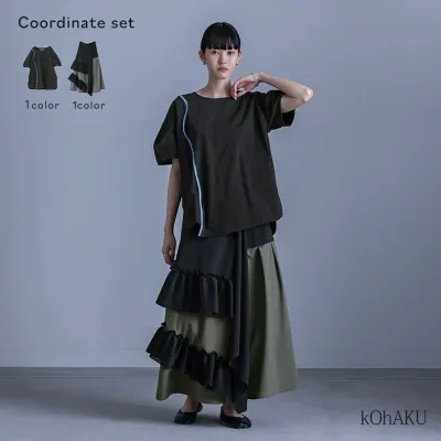 2点コーデセット 2025 レディース カットソー トップス 半袖 Tシャツ 綿100% クルーネック 配色 カーブライン 袖タック スカート ボトムス プリーツ フレア 春 夏 オシャレウォーカー【メール便不可】【50】