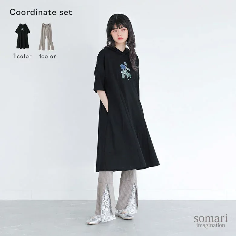 2点コーデセット 2025 レディース ワンピース ドレス 半袖 膝丈 パーカー 刺繍 薔薇 フレア 接触冷感 カットソー レギンス パンツ ボトムス ロング丈 レース スリット 春 夏 オシャレウォーカー【メール便不可】【40】