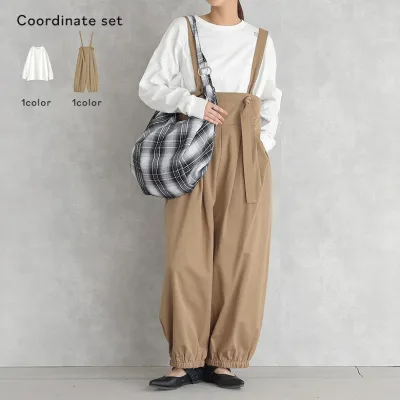 【クーポンで20%OFF 10/25 23:59迄】2点コーデセット 2025 レディース ロンT トップス カットソー 長袖 クルーネック 刺繍 花 フラワー ワンポイント サロペット パンツ ボトムス ロング丈 コクーンパンツ 秋 冬 春 オシャレウォーカー【メール便不可】【40】