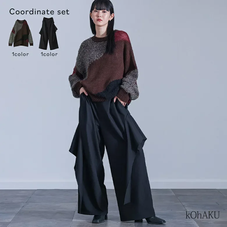 2点コーデセット 2025 レディース パンツ ボトムス ワイドパンツ ロング丈 アシンメトリー アシメ ニット 長袖 トップス セーター クルーネック 異素材 配色 透け感 秋 冬 オシャレウォーカー【メール便不可】【60】