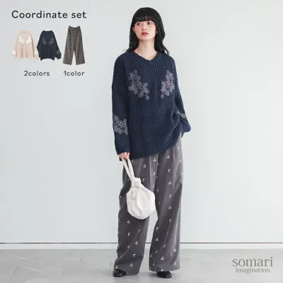 2点コーデセット 2025 レディース ニット 長袖 トップス セーター Vネック ぽわん袖 レース モヘアタッチ パンツ ボトムス スラックス ワイドパンツ 長ズボン 秋 冬 オシャレウォーカー【メール便不可】【50】