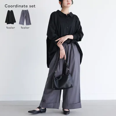 2点コーデセット 2026 レディース ワイドパンツ ボトムス パンツ ロング丈 コットン100% ダブル裾 トップス ブラウス シャツ ロングシャツ 前開きシャツ 襟付きシャツ 長袖 春 夏 秋 冬 オシャレウォーカー【メール便不可】【30】