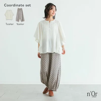 2点コーデセット 2026 レディース パンツ 夏 春 ボトムス 柄パンツ プリント ワイド コクーン パッチワーク風 総柄 ドット柄 ブラウス 半袖 トップス シャツ プルオーバー 綿100% ピンタック オシャレウォーカー【メール便不可】【20】