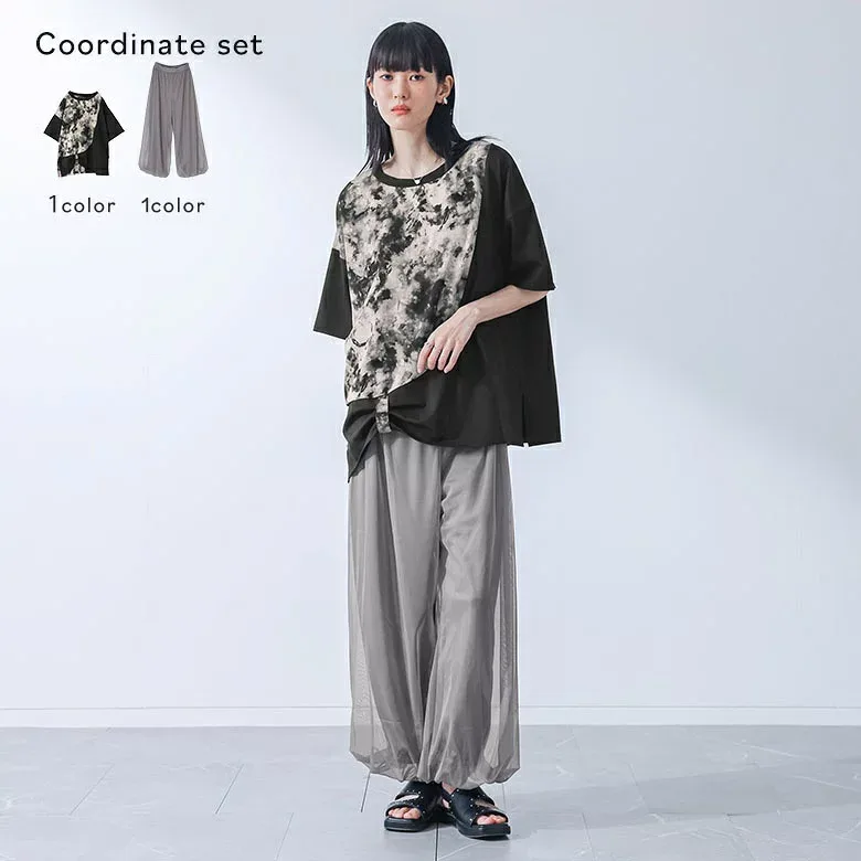 2点コーデセット 2026 レディース カットソー 半袖 接触冷感 冷感 夏 春 トップス Tシャツ 五分袖 異素材 ドッキング 薄手 無地 総柄 パンツ ボトムス ロング丈 チュール バルーン ギャザー オシャレウォーカー【メール便不可】【30】