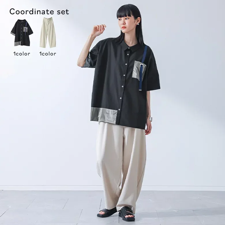 【クーポンで20%OFF 10/25 23:59迄】2点コーデセット 2026 レディース シャツ 半袖 夏 春 S-3L オーバーサイズ 異素材 五分袖 ハトメ ポケット 配色 薄手 羽織 パンツ 接触冷感 ひんやり ロング丈 ロングパンツ ワイドパンツ オシャレウォーカー【メール便不可】【20】