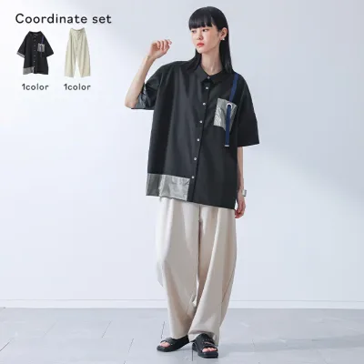【クーポンで20%OFF 10/25 23:59迄】2点コーデセット 2026 レディース シャツ 半袖 夏 春 S-3L オーバーサイズ 異素材 五分袖 ハトメ ポケット 配色 薄手 羽織 パンツ 接触冷感 ひんやり ロング丈 ロングパンツ ワイドパンツ オシャレウォーカー【メール便不可】【20】