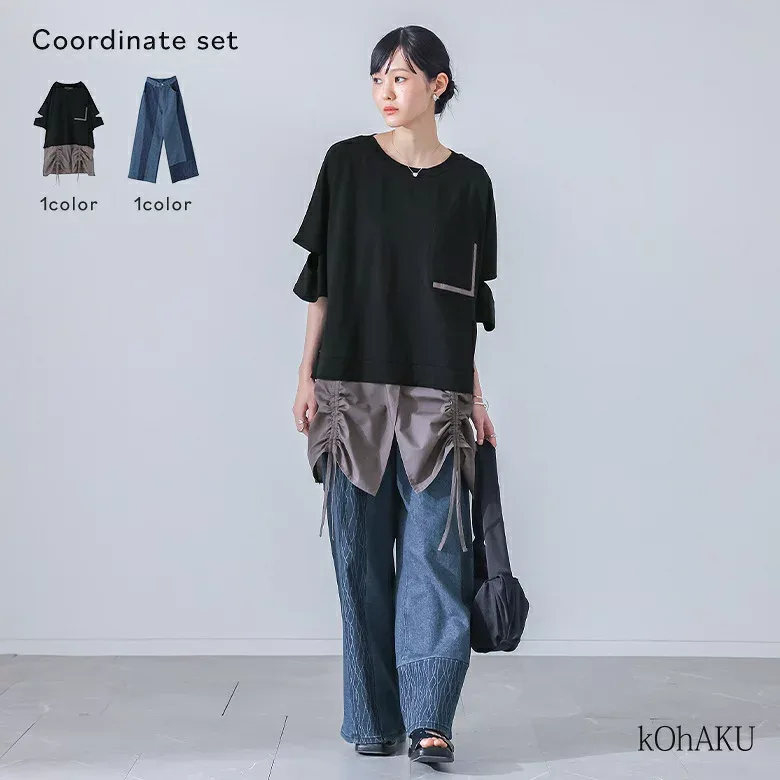 2点コーデセット 2026 レディース カットソー 半袖 春 夏 トップス ブラック ブルー S〜3L Tシャツ チュニック ドロスト 異素材 ドッキング デニム パンツ ボトムス ロング丈 フリーサイズ オシャレウォーカー【メール便不可】【30】
