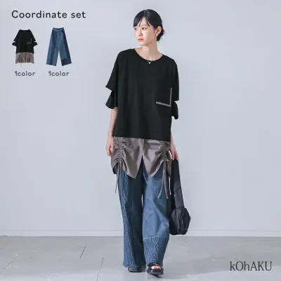 2点コーデセット 2026 レディース カットソー 半袖 春 夏 トップス ブラック ブルー S〜3L Tシャツ チュニック ドロスト 異素材 ドッキング デニム パンツ ボトムス ロング丈 フリーサイズ オシャレウォーカー【メール便不可】【30】