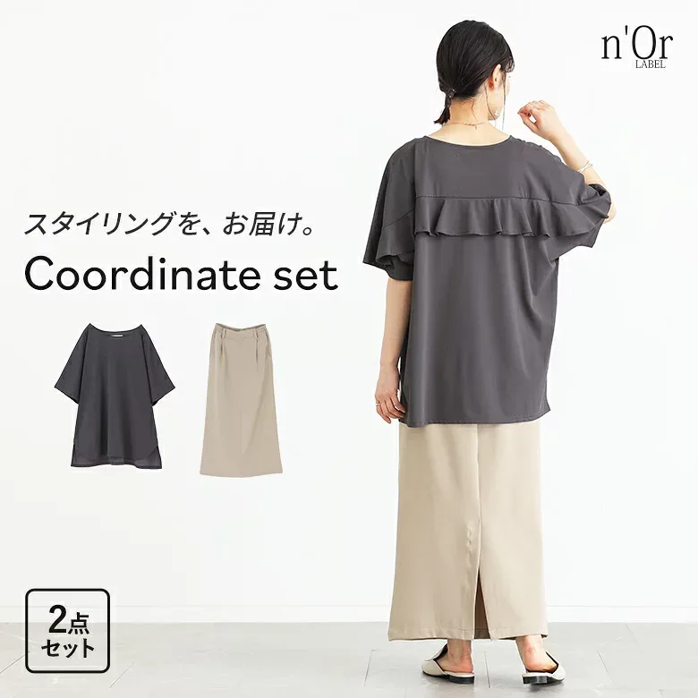 2点コーデセット 2026 レディース カットソー 汗じみ防止 UVカット 夏 春 トップス チャコール ベージュ S〜3L 半袖 吸水速乾 スカート ボトムス ロング丈 ナロースカート ストレッチ 裏地付き オシャレウォーカー【メール便不可】【30】