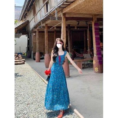 One Piece Women's Cami Dress A-Line Long Length Small Floral Pattern Floral Blue Resort French Feminine Waist Mark Style Up Polyester Spring/Summer Going Out Travel Date