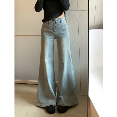 デニムパンツ 女性用 春夏 高腰 直筒 喇叭 ロングパンツ 浅色 ブルー ゆったり シルエット 街頭スタイル 快適 デニール ポリエステル混 ストレッチ ノーアイロン加工 普段使い 軽量 通勤 カジュアル