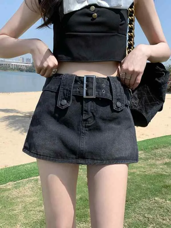 スカート 女性用 半身 デニム 夏 春夏 ハイウエスト Aライン ショート タイト ブラック ブルー ボタン 伸縮性 綿 デニム ヒップ フィット デザイン 韓国風 日常 カジュアル 軽量 ゆったり 短め丈 ウエストマーク 脚長効果 シンプル 爽やか 着