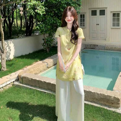 レディース 春夏 セットアップ 上下 チャイナドレス 風 トップス ワイドパンツ 長ズボン 接触冷感 ポリエステル ポリエステル繊維 光沢 シンプル 無地 きれいめ スタイル 伝統 デザイン ゆったり シルエット 3分袖 日常 普段着 外出 旅行 快適