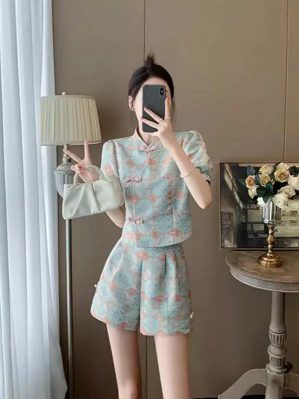 レディース セットアップ チャイナドレス 風 パンツ 上下セット 幾何学模様 提花 ポリエステル 接触冷感 春夏 ライトブルー 軽量 伸縮性 普段使い 高級感 S M L XL