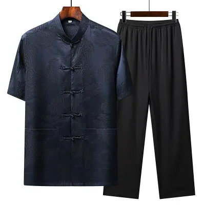 セットアップ メンズ 中高年 紳士服 爸爸 半袖 唐装 中国風 漢服 トップス パンツ 接触冷感 上下セット チャイナ風 シャツ サマー 部屋着 カジュアル 普段使い シニア 祖父 お父さん プレゼント 贈り物 お祝い レトロ 高級感 刺繍 綿 麻 シル