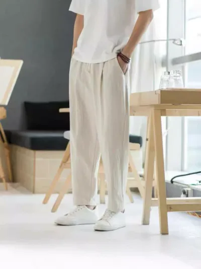 カジュアルパンツ メンズ 春夏 ボトムス テーパードパンツ サルエルパンツ 九分丈 涼しい 薄手 綿麻 亜麻 リネン コットン パンツ ズボン チノパン 普段使い 通勤用 部屋着 通気性 吸湿速乾 伸縮なし 紐付き 無地 ブラック カキ色 ブルー