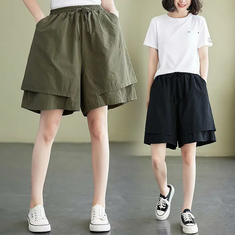 ショートパンツ レディース 五分丈 ハーフパンツ 綿麻 リネン コットン 涼しい 薄手 ボトムス ズボン ウエストゴム ワイドパンツ 膝丈 ゆったり 快適 普段使い カジュアル 無地 ブラック グリーン カーキ
