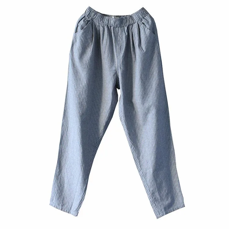 カジュアルパンツ レディース サルエルパンツ テーパードパンツ ボトムス ズボン 綿麻 亜麻 リネン混 ゆったり ルーズ ロング丈 長ズボン 中腰 ウエストゴム ストライプ 色織 文学風 レトロ 森ガール ナチュラル 爽やか 大人用 普段使い 通学 お出