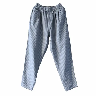 カジュアルパンツ レディース サルエルパンツ テーパードパンツ ボトムス ズボン 綿麻 亜麻 リネン混 ゆったり ルーズ ロング丈 長ズボン 中腰 ウエストゴム ストライプ 色織 文学風 レトロ 森ガール ナチュラル 爽やか 大人用 普段使い 通学 お出