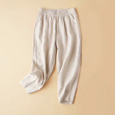 カジュアルパンツ レディース サルエルパンツ 7分丈 ズボン クロップドパンツ ボトムス 綿麻 亜麻 リネン コットンテキスタイル 涼しい 接触冷感 薄手 軽量 伸縮性 ゆったり 楽ちん ウエストゴム テーパードパンツ 無地 ポケット付き 普段使い 部屋