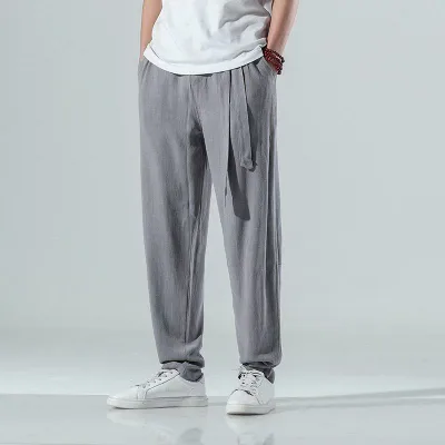 カジュアルパンツ メンズ チャイナ風 サルエルパンツ 灯籠パンツ テーパードパンツ ボトムス 九分丈 ロングパンツ リネン 亜麻 綿麻 無地 軽量 薄手 通気性 吸湿速乾 涼しい ウエストゴム 紐付き 部屋着 ルームウェア 普段使い 日常 カジュアル チ