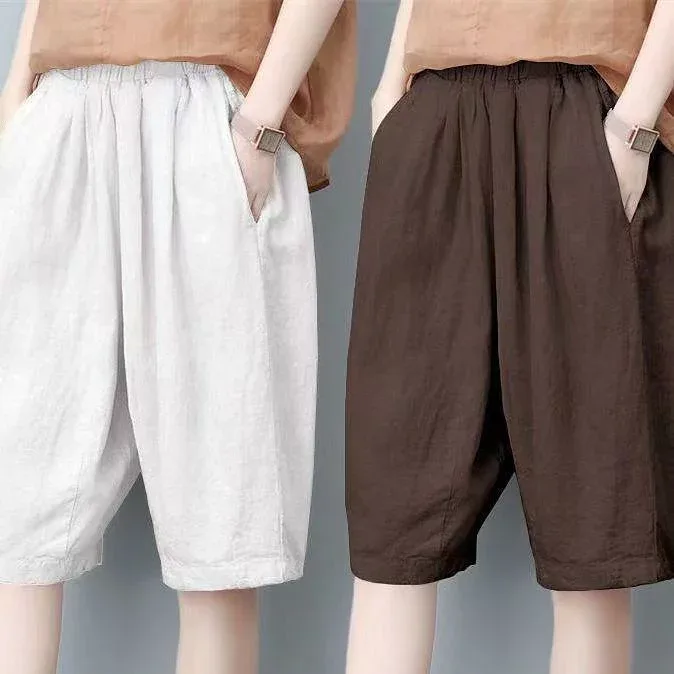 ショートパンツ レディース 五分丈 パンツ ズボン ボトムス ハーフパンツ キュロット ワイドパンツ 膝丈 綿麻 コットンリネン ハイウエスト 着痩せ 美脚 接触冷感 軽量 薄手 通気性 カジュアル ナチュラル 普段使い 旅行 アウトドア リゾート 無地