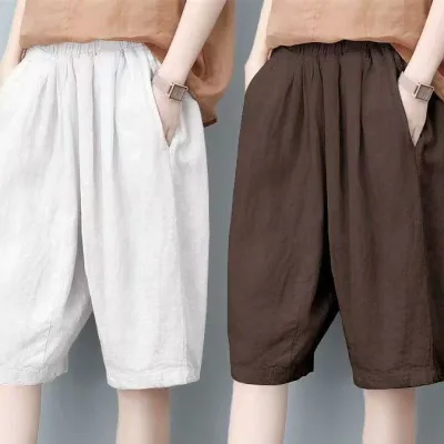 ショートパンツ レディース 五分丈 パンツ ズボン ボトムス ハーフパンツ キュロット ワイドパンツ 膝丈 綿麻 コットンリネン ハイウエスト 着痩せ 美脚 接触冷感 軽量 薄手 通気性 カジュアル ナチュラル 普段使い 旅行 アウトドア リゾート 無地