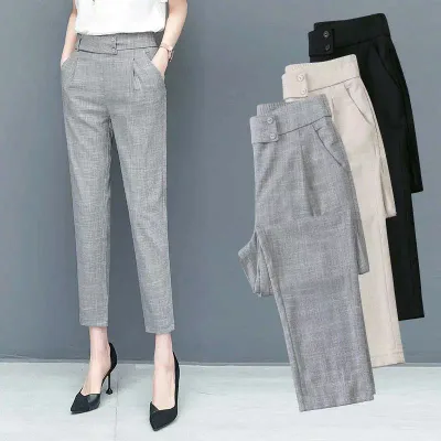 カジュアルパンツ レディース ハーレムパンツ サルエルパンツ テーパードパンツ ハイウエスト 九分丈 綿麻 コットンプリーツ ボトムス ズボン 美脚 細見え 楽ちん 涼しい 快適 軽量 普段使い 通勤 事務服 オフィス ブラック グレー