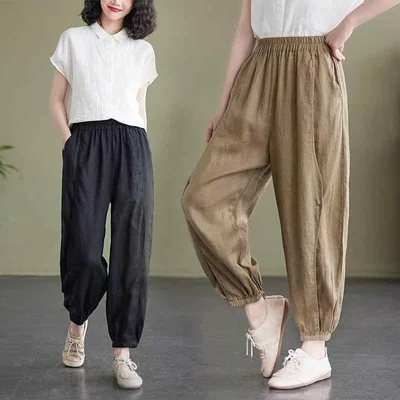 カジュアルパンツ レディース 夏 サルエルパンツ バルーンパンツ テーパードパンツ 綿麻 コットンリネン 九分丈 ハーフパンツ ウエストゴム ポケット付き 楽ちん ゆったり 大きいサイズ 細見え 無地 普段使い リラクシー ボトムス ホワイト ブラック