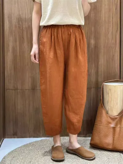 カジュアルパンツ レディース 九分丈 サルエルパンツ テーパードパンツ 綿麻 亜麻 リネン ボトムス ズボン ウエストゴム 薄手 ゆったり 大きいサイズ 刺繍 レトロ ナチュラル 体型カバー 普段使い 旅行 白 杏色 春夏