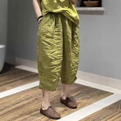 カジュアルパンツ レディース 七分丈 クロップドパンツ サルエルパンツ 綿麻 リネン 大きいサイズ ゆったり ボトムス ウエストゴム 体型カバー 着痩せ 無地 ポケット付き 涼しい 通気性 普段使い 部屋着 通勤 履き心地抜群 接触冷感 ブラック グリー