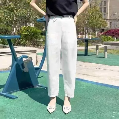 カジュアルパンツ レディース サマーパンツ リネンパンツ 九分丈 テーパードパンツ 綿麻 パンツ ボトムス ズボン 女性用 接触冷感 薄手 軽量 高通気 涼しい ハイウエスト 体型カバー 細見え 美脚 通勤 オフィス 普段使い 部屋着 無地 ポケット付き