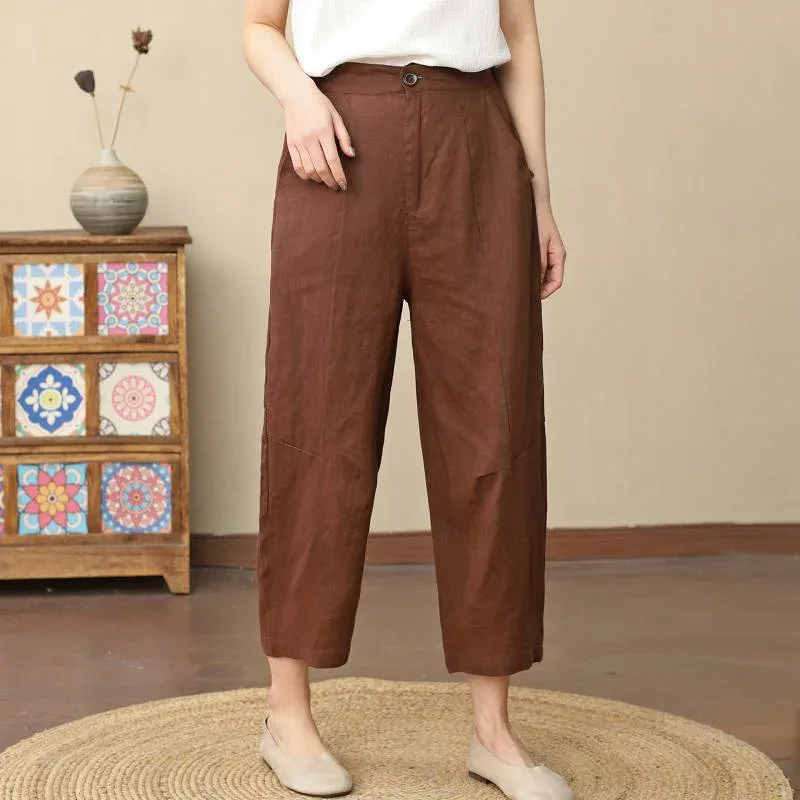 カジュアルパンツ レディース サルエルパンツ 7分丈 綿麻 リネンパンツ ボトムス ハーフパンツ ゆったり 接触冷感 涼しい 通気性 軽量 ウエストゴム ハイウエスト 薄手 春夏 部屋着 普段使い ルームウェア 通勤 オフィス ホワイト ナチュラル オレ