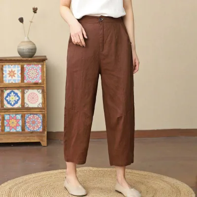 カジュアルパンツ レディース サルエルパンツ 7分丈 綿麻 リネンパンツ ボトムス ハーフパンツ ゆったり 接触冷感 涼しい 通気性 軽量 ウエストゴム ハイウエスト 薄手 春夏 部屋着 普段使い ルームウェア 通勤 オフィス ホワイト ナチュラル オレ