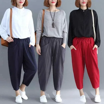 カジュアルパンツ レディース 春秋 綿麻 九分丈 サルエルパンツ テーパードパンツ ゆったり 楽ちん 大きめ サイズ 無地 ウエストゴム ボトムス チノパン イージーパンツ 普段使い 部屋着 通勤用 リゾート リラックス 大人 ナチュラル かわいい ベー